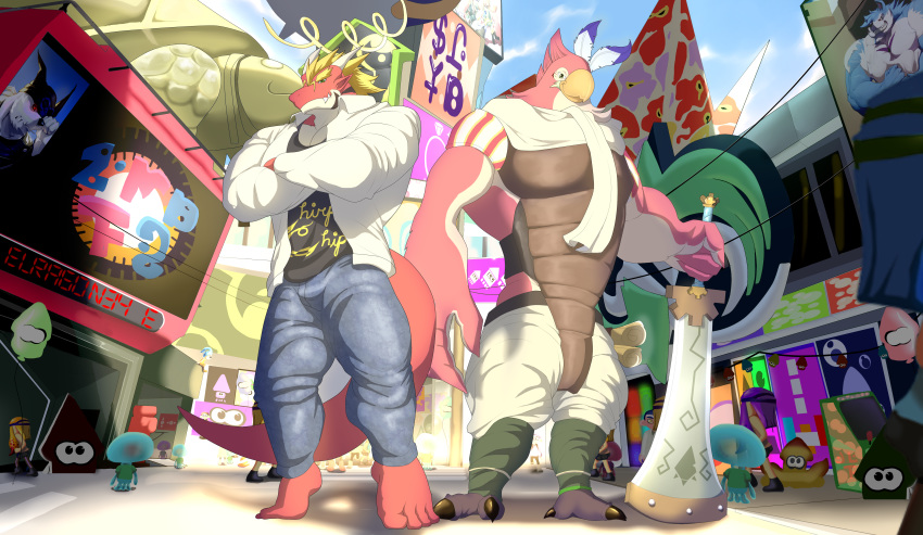 absurd_res animal_humanoid anthro avian breath_of_the_wild cephalopod cephalopod_humanoid clothing crossover danuelragon34 delga dragon duo guardians happy hi_res humanoid inkling inkopolis kass_(tloz) light male marine marine_humanoid melee_weapon mollusk mollusk_humanoid monster_(game) mythological_creature mythological_scalie mythology nintendo rito scalie smile splatoon sword tail the_legend_of_zelda weapon