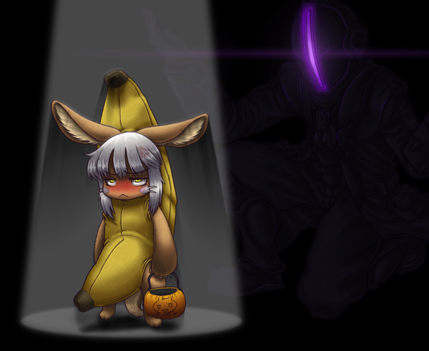 1boy 1other :< angry animal_ears banana banana_costume blush bondrewd bune_poster commentary_request food fruit furry halloween halloween_bucket halloween_costume highres made_in_abyss md5_mismatch nanachi_(made_in_abyss) self-upload spotlight white_hair yellow_eyes