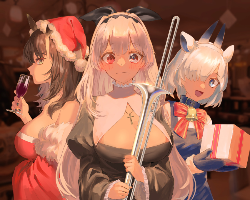 3girls alchemy_stars bell bethel_(alchemy_stars) black_dress black_hair blue_eyes blurry blurry_background blush bow box breasts broken_horn champagne_flute chicha_(chi_cha_rigbo) cleavage cleavage_cutout closed_mouth clothing_cutout collar commentary connolly_(alchemy_stars) cross cross_necklace cup dress drinking_glass english_commentary gift gift_box grey_hair hair_over_one_eye hairband hairbow hands_up hat heterochromia highres holding holding_cup holding_gift holding_instrument horns indoors instrument jewelry juliet_sleeves large_breasts long_hair long_sleeves multiple_girls neck_bell necklace open_mouth puffy_sleeves red_eyes santa_hat sariel_(alchemy_stars) sideways_glance smile trombone upper_body