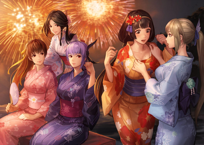 5girls ayane_(doa) black_hair blonde_hair blush braid breasts brown_eyes brown_hair cleavage dead_or_alive highres ii_naotora japanese_clothes kasumi_(doa) large_breasts long_hair multiple_girls musou_stars official_art ouka_(toukiden) ponytail purple_hair red_eyes sengoku_musou shin_sangoku_musou side_braid smile tagme toukiden wang_yuanji