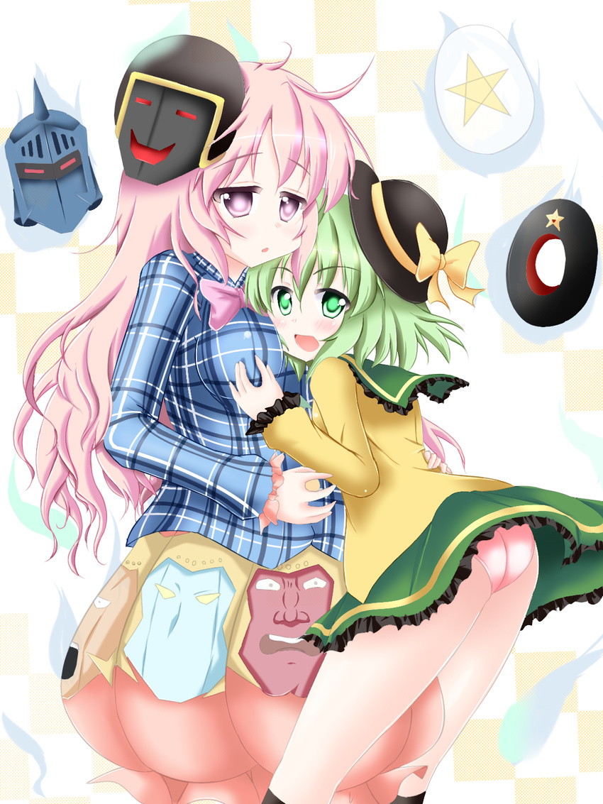 2girls black_hole_(kinnikuman) checkered_clothes checkered_shirt commentary_request green_eyes green_hair hat hat_ribbon hata_no_kokoro highres hug kanarai_taru kinnikuman komeiji_koishi long_hair mask multiple_girls panties pantyshot pendragon_(kinnikuman) pink_eyes pink_hair pink_panties ribbon robin_mask shirt touhou underwear warsman