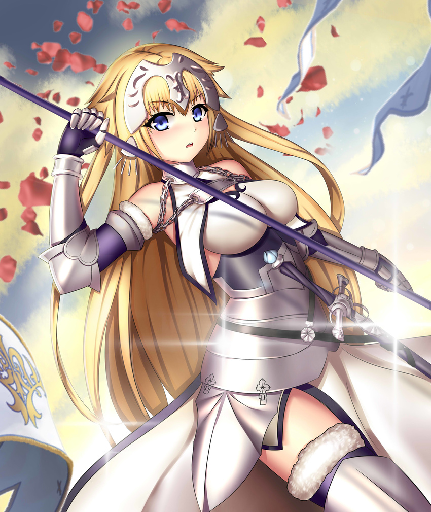 absurdres armor armored_dress bare_shoulders blonde_hair blue_eyes blush breasts chains commentary couter detached_sleeves fate/apocrypha fate/grand_order fate_(series) female gauntlets headpiece highres jeanne_d'arc_(fate) jeanne_d'arc_(third_ascension)_(fate) long_hair looking_at_viewer medium_breasts petals solo thighhighs white_thighhighs yuuko_takega