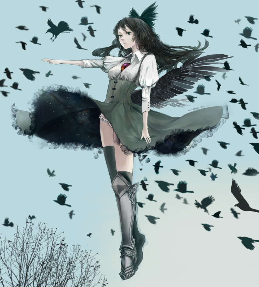 adapted_costume alternate_footwear animal armor artist_name asymmetrical_legwear bird black_hair black_wings blue_sky boots bow breasts clothes_lift collared_shirt commentary_request crow day expressionless female floating flock frilled_panties frilled_skirt frills galaxy greaves green_bow green_eyes green_skirt hairbow highres knee_boots kneehighs long_hair looking_afar lowleg lowleg_panties medium_breasts mi-so outstretched_arm panties pantyshot puffy_sleeves red_eyes reiuji_utsuho shirt single_boot skirt skirt_lift sky socks solo space standing star_(sky) suspender_skirt suspenders thighhighs third_eye touhou tree underwear uneven_legwear white_panties wings