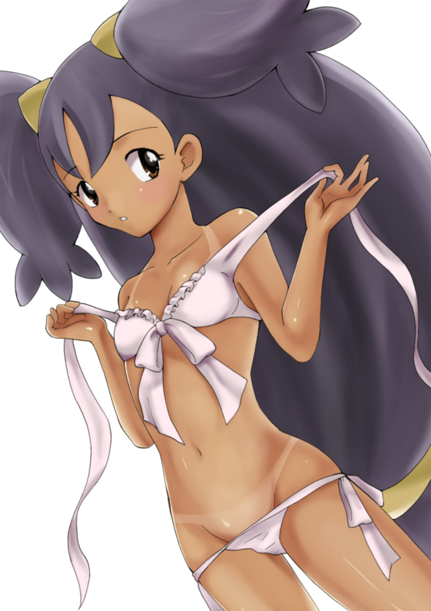 :o big_hair bikini black_hair blush breasts brown_eyes commentary_request dark-skinned_female dark_skin dutch_angle female front-tie_bikini_top front-tie_top hair_ornament highres iris_(pokemon) kijouyu long_hair looking_at_viewer low-tied_long_hair navel photoshop_(medium) pokemon pokemon_bw side-tie_bikini_bottom small_breasts solo swimsuit tan tanlines two_side_up undressing untied_bikini very_long_hair white_background white_bikini