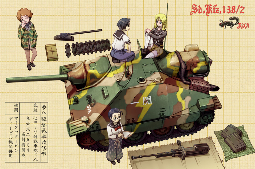 4girls afro ahoge alternate_vehicle black_hair blonde_hair bob_cut braid brown_hair caterpillar_tracks check_translation commentary_request cross emblem from_above glasses green_eyes gun imperial_japanese_army iron_cross jagdpanzer_38(t) kanji military military_vehicle monpe motor_vehicle multiple_girls nazi on_vehicle open_mouth original photoshop_(medium) school_uniform section_paper serafuku smoking soldier tank tank_destroyer thighhighs translated translation_request turretless_tank twin_braids uzi_(kei_t_drawing) weapon world_war_ii yawning