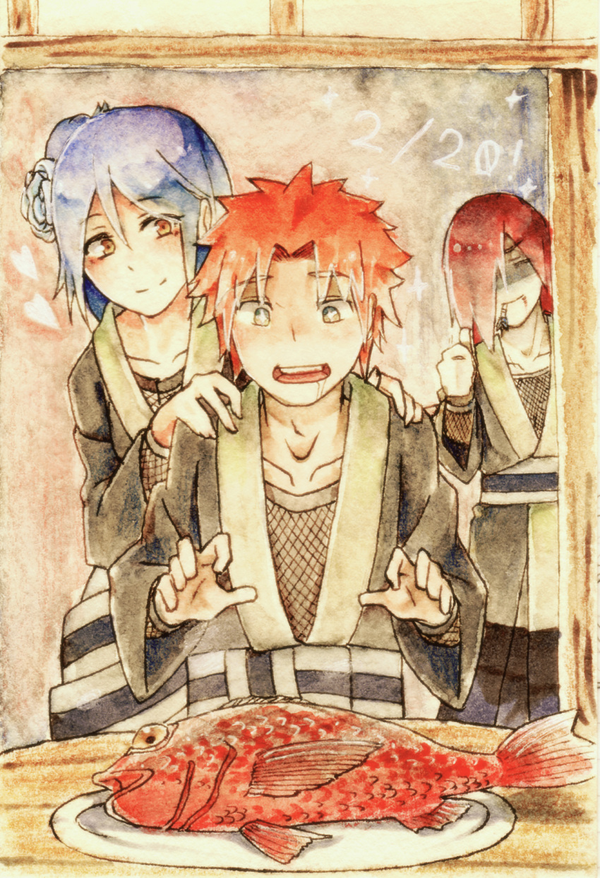 2boys blue_hair closed_eyes drooling female fish flower hair_flower hair_ornament hair_over_one_eye highres konan multiple_boys nagato nagato_(naruto) nanasinonana naruto naruto_shippuuden orange_hair plate red_hair saliva smile yahiko yahiko_(naruto)