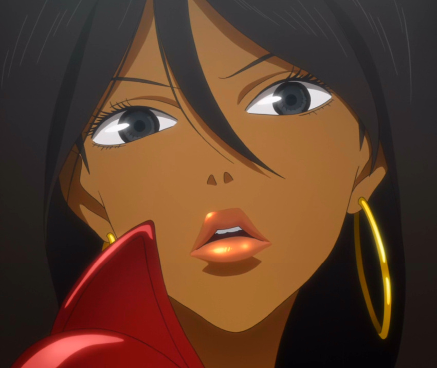 black_hair blue_eyes earrings eyebrow eyebrows eyelashes hoop_earrings jewelry lips lipstick makeup michiko_malandro michiko_to_hacchin michiko_to_hatchin nose parted_lips teeth