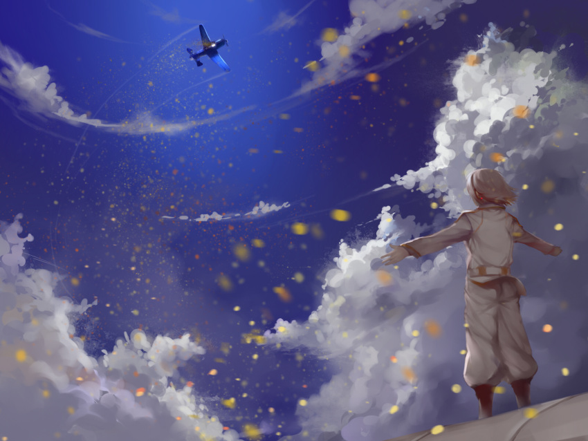 aircraft airplane charimei cloud commentary_request earrings fana_del_moral female gold highres hikuushi_series jewelry sky solo spoilers toaru_hikuushi_e_no_tsuioku uniform vortex