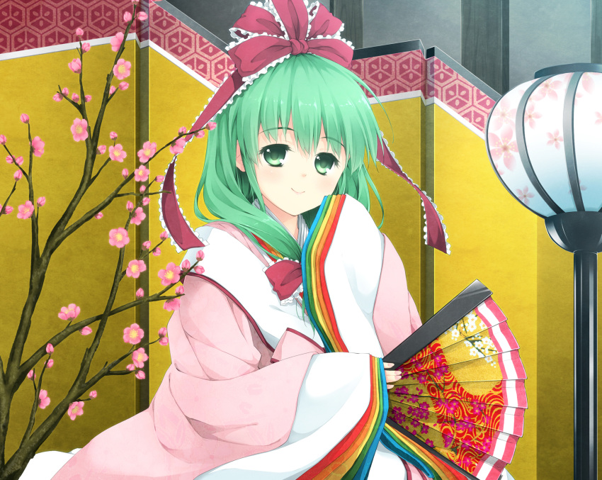 arm_up bonbori_(lighting) cherry_blossoms commentary_request female floral_print folding_fan folding_screen front_ponytail green_eyes green_hair hair_ribbon hand_fan hexagon highres japanese_clothes kagiyama_hina kimono lamp photoshop_(medium) pink_kimono ribbon smile solo takoyaki_(takoyaki-batake) touhou twig