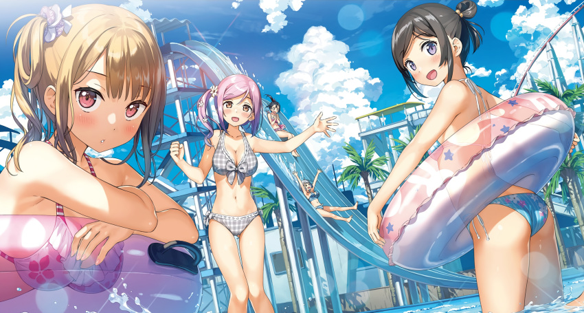 ass barefoot bikini black_hair blush brown_eyes brown_hair clouds hashima_chihiro imouto_sae_ireba_ii. kantoku navel park pink_eyes ponytail pool purple_eyes purple_hair shirakawa_miyako sky swim_ring swimsuit tagme_(character) water white_hair