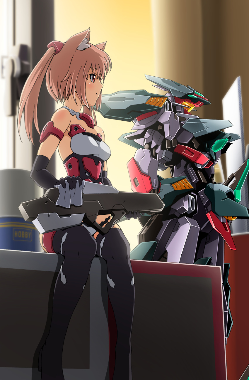 absurdres animal_ears assault_visor bare_shoulders black_gloves black_legwear blurry blurry_background breasts cat_ears commentary_request cutlass_(frame_arms) elbow_gloves female frame_arms frame_arms_girl gloves gun highres innocentia kumichou_(ef65-1118-ef81-95) light_brown_hair long_hair looking_away mecha mecha_musume medium_breasts mini_person minigirl polishing red_eyes robot sitting strapless_bottom thighhighs twintails weapon