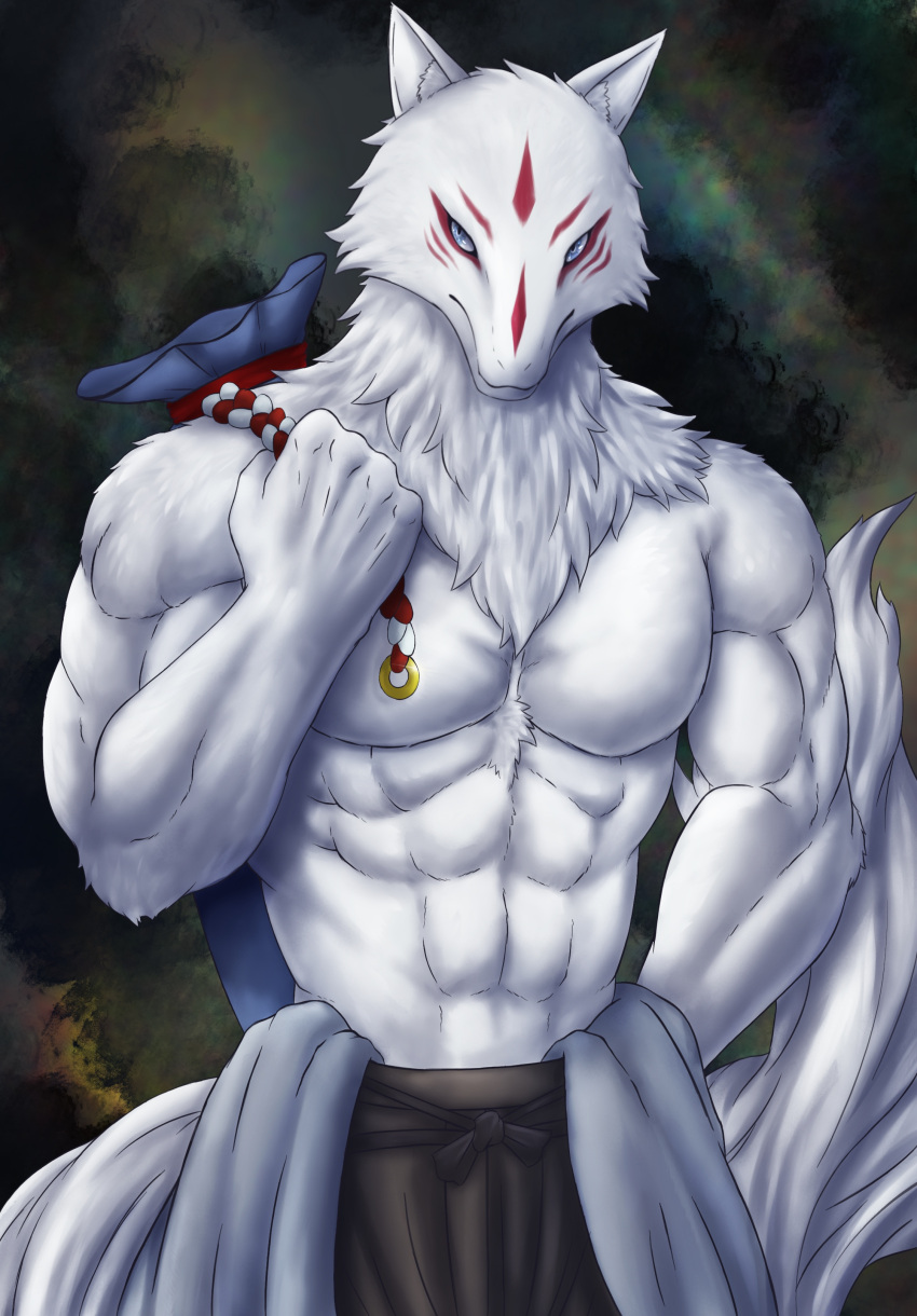 2021 abs absurd_res after_transformation anthro asian_clothing ayakashi bag biceps blue_eyes canid canine chibikoma clothed clothing deity digital_drawing_(artwork) digital_media_(artwork) east_asian_clothing fox fur ginji guardian hi_res japanese_clothing kakuriyo_no_yadomeshi male mammal muscular muscular_anthro muscular_male neck_tuft pecs servant solo topless topless_anthro topless_male tuft white_body white_fur