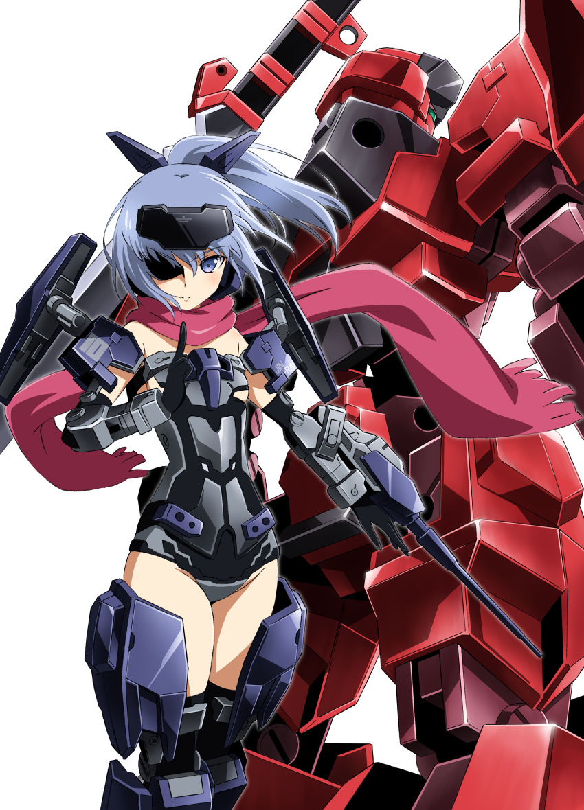 absurdres arm_cannon bare_shoulders black_gloves black_legwear black_leotard blue_eyes blue_hair elbow_gloves female frame_arms frame_arms_girl gloves green_eyes headgear high_ponytail highres jinrai_(frame_arms) jinrai_(frame_arms_girl) kumichou_(ef65-1118-ef81-95) leotard looking_at_viewer mecha mecha_musume robot scarf short_hair strapless strapless_leotard sword thighhighs thighs weapon white_background