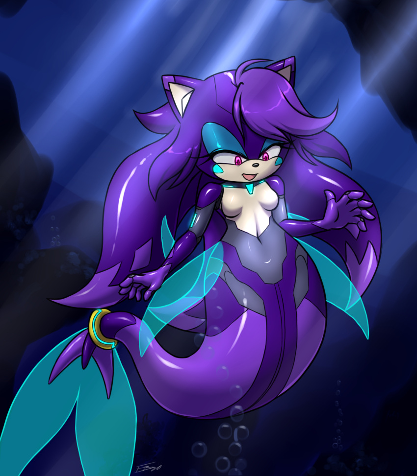 anthro breasts cybernetics cyborg detailed_background eulipotyphlan featureless_breasts female furball hedgehog hi_res machine mammal marine merfolk mermay seven_the_synthehog solo split_form swimming underwater water wide_hips