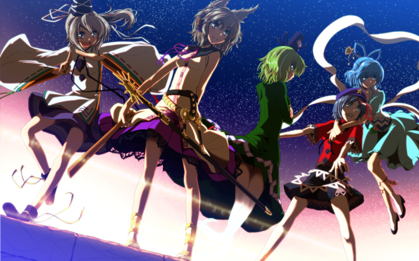 5girls anklet blue_eyes blue_hair brown_eyes brown_hair commentary_request dress earmuffs ghost_tail green_dress green_hair grey_hair hat highres japanese_clothes jewelry kaku_seiga kariginu kikunosukemaru miyako_yoshika mononobe_no_futo multiple_girls photoshop_(medium) pom_pom_(clothes) ponytail purple_eyes purple_hair ritual_baton scabbard sharp_teeth sheath sheathed shirt skirt sleeveless sleeveless_shirt soga_no_tojiko sword tate_eboshi teeth touhou toyosatomimi_no_miko weapon