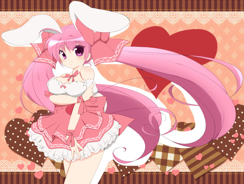 animal_ears bad_id bad_pixiv_id bare_shoulders border bow choker colorized di_gi_charat female hairbow heart lace lace_border long_hair minato18 ornate_border pink_eyes pink_hair rabbit_ears ribbon ribbon_choker short_sleeves smile solo twintails usada_hikaru