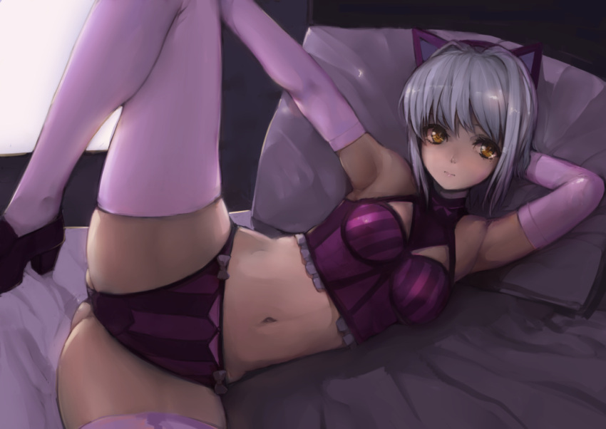 arm_behind_head armpits bed commentary_request elbow_gloves female gloves grey_hair high_school_dxd leg_up legs lingerie long_legs looking_at_viewer lying midriff navel on_bed on_side panties pillow purple_panties shiba_nanasei short_hair skindentation solo spread_legs striped_clothes striped_panties thighhighs thighs toujou_koneko underwear underwear_only vertical-striped_clothes vertical-striped_panties yellow_eyes