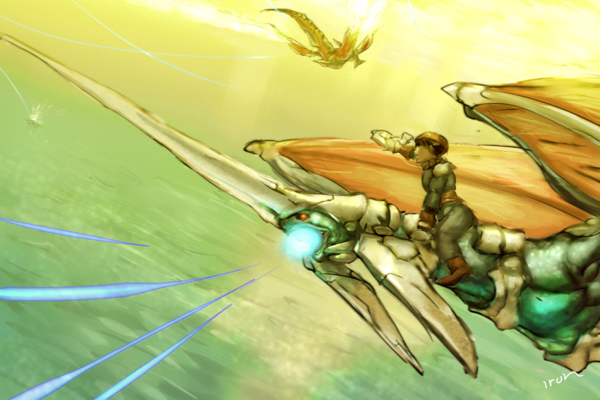 1boy aerial_battle armor battle commentary_request cwind dragon energy_ball energy_beam flying helmet horns keil_fluge male_focus ocean panzer_dragoon photoshop_(medium) powering_up single_horn solo wings