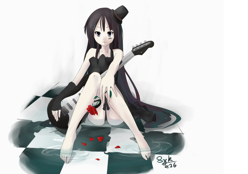 akiyama_mio bad_id bad_pixiv_id barefoot checkered_floor feet female flower gloves hat highres k-on! long_hair mini_hat mini_top_hat partially_submerged rose single_glove sitting solo sunyukun top_hat very_long_hair water