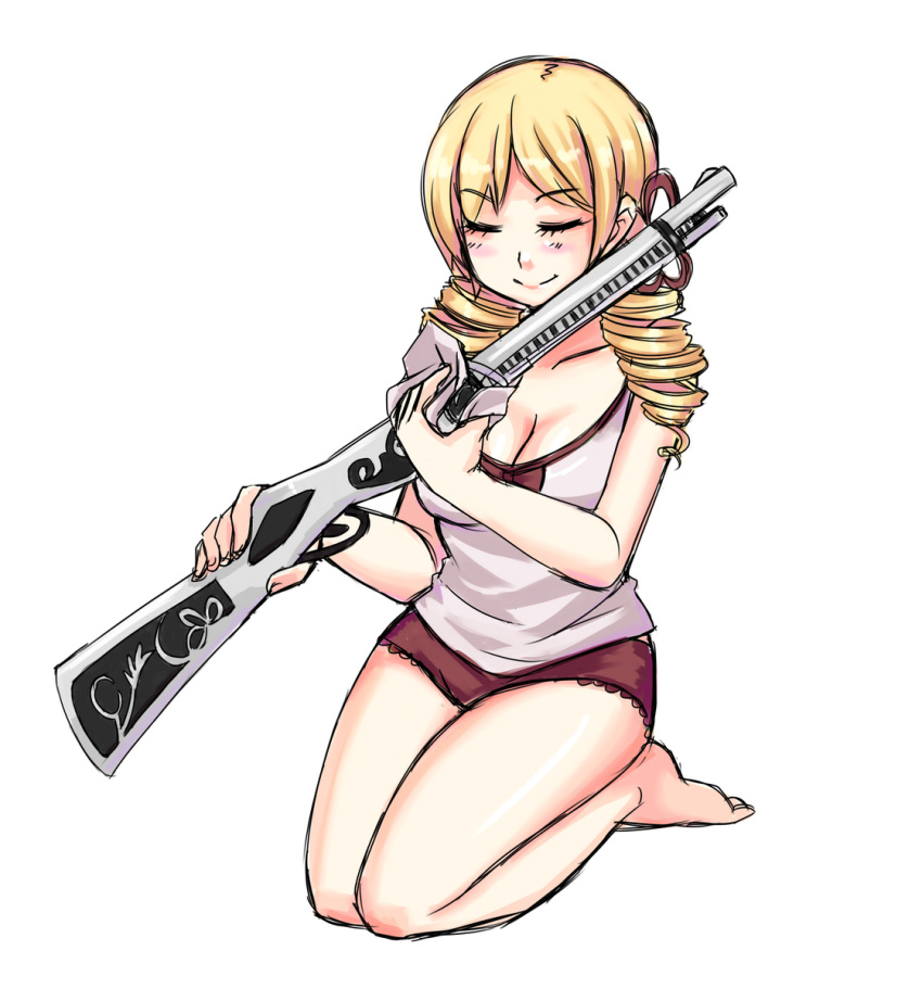 bad_id blonde_hair breasts cleavage closed_eyes drill_hair female frilled_panties frills gun hair_ornament highres kekekeke magical_musket mahou_shoujo_madoka_magica mahou_shoujo_madoka_magica_(anime) medium_breasts panties polishing rag red_panties seiza sitting solo tank_top tomoe_mami twin_drills twintails underwear weapon