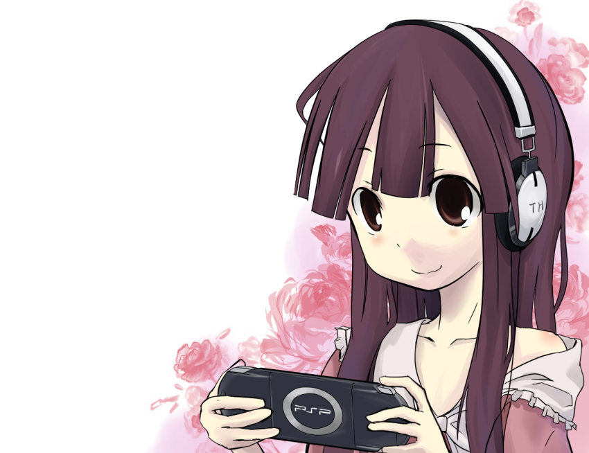 bad_id bad_pixiv_id female flat_chest flower handheld_game_console headphones houraisan_kaguya long_hair playstation_portable rose smile solo sunyukun touhou