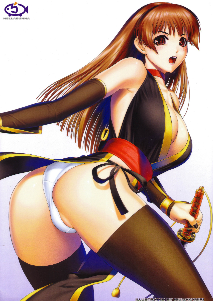 absurdres ass blush breasts brown_eyes brown_hair choker cleavage curvy dead_or_alive female highres iruma_kamiri japanese_clothes kasumi_(doa) katana large_breasts long_hair looking_back nail_polish open_mouth pelvic_curtain photoshop_(medium) scan simple_background solo sword thighhighs underwear weapon