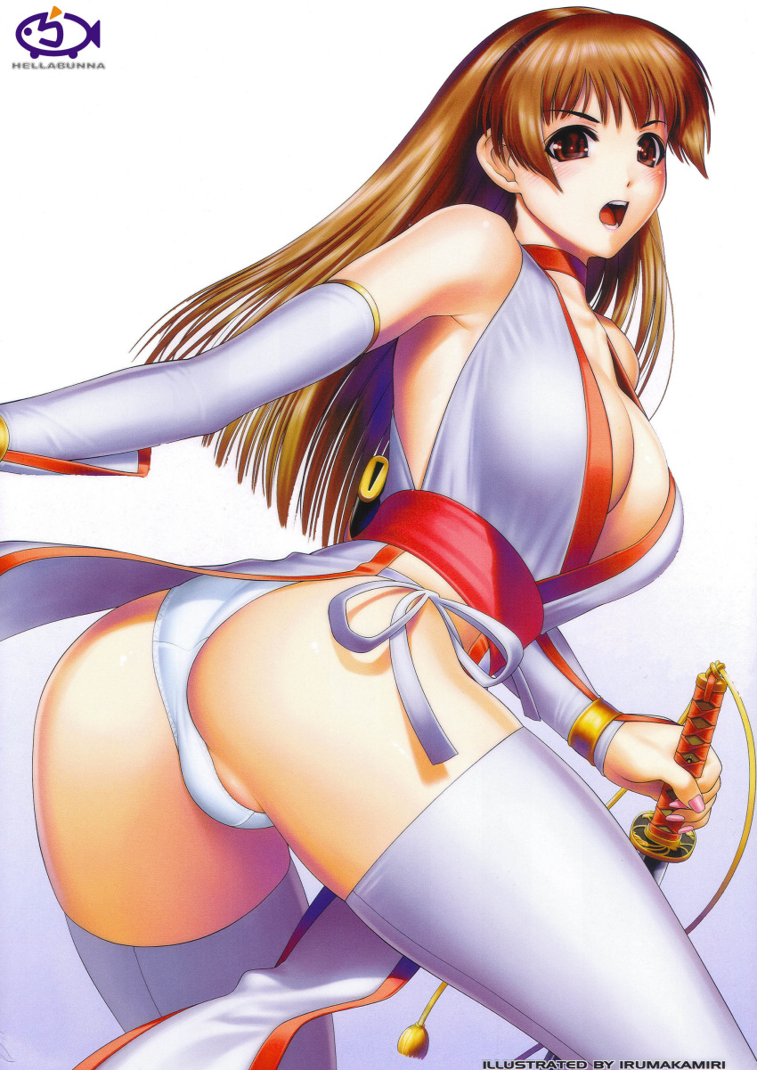 absurdres ass blush breasts brown_eyes brown_hair choker cleavage curvy dead_or_alive female highres iruma_kamiri japanese_clothes kasumi_(doa) katana large_breasts long_hair looking_back nail_polish open_mouth panties pantyshot pelvic_curtain photoshop_(medium) scan simple_background solo sword thighhighs underwear weapon white_thighhighs