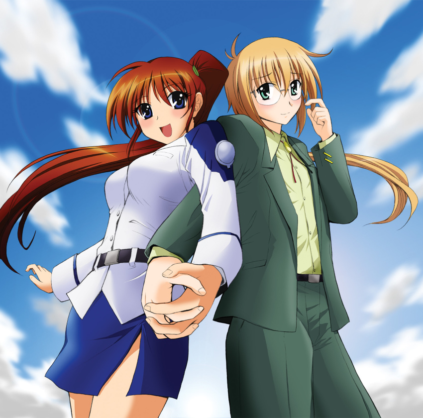 1boy :d blush commentary_request female formal glasses green_eyes hair_ribbon highres holding_hands interlocked_fingers kaburayagi_yasaburou long_hair lyrical_nanoha mahou_shoujo_lyrical_nanoha_strikers military military_uniform no_legwear open_mouth pencil_skirt photoshop_(medium) ponytail purple_eyes red_hair ribbon side_ponytail side_slit skirt smile suit takamachi_nanoha tsab_air_military_uniform uniform yuuno_scrya