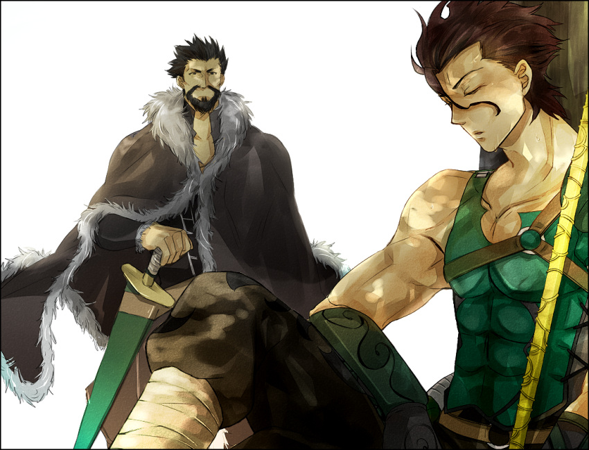 2boys ahoge bad_id bad_pixiv_id beard black_hair cape dappled_sunlight diarmuid_ua_duibhne_(lancer)_(fate) facial_hair fate/zero fate_(series) fionn_mac_cumhaill_(fate/zero) gae_buidhe_(fate) male_focus multiple_boys polearm shade sheath sheathed sleeping spear sunlight sword weapon white_background winora