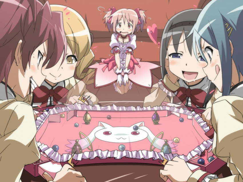 5girls akemi_homura artistic_error bad_id bad_pixiv_id battle_dome black_hair blonde_hair blue_hair blush drill_hair drooling everyone female_pervert food kaname_madoka kaname_madoka_(magical_girl) kiryu_manzoku kyuubee long_hair magical_girl mahou_shoujo_madoka_magica mahou_shoujo_madoka_magica_(anime) marble_(toy) miki_sayaka mini_person minigirl mitakihara_school_uniform multiple_girls pervert pink_eyes pink_hair playing_games pocky purple_eyes red_hair sakura_kyoko school_uniform short_hair soul_gem tomoe_mami tongue tongue_out twin_drills twintails yellow_eyes