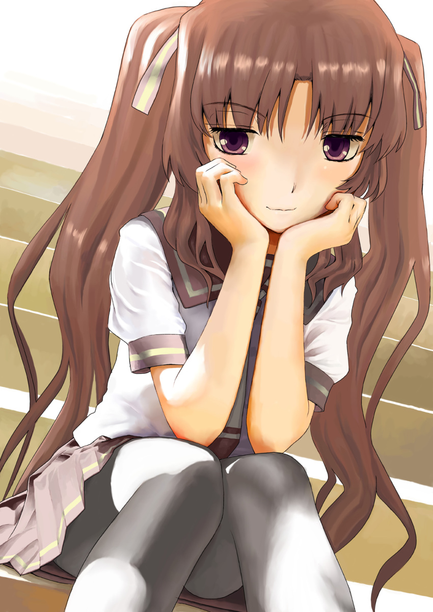 ano_natsu_de_matteru brown_hair commentary_request female head_rest highres long_hair md5_mismatch mocha_(snowflake) pantyhose photoshop_(medium) purple_eyes school_uniform serafuku sitting sitting_on_stairs smile solo stairs yamano_remon