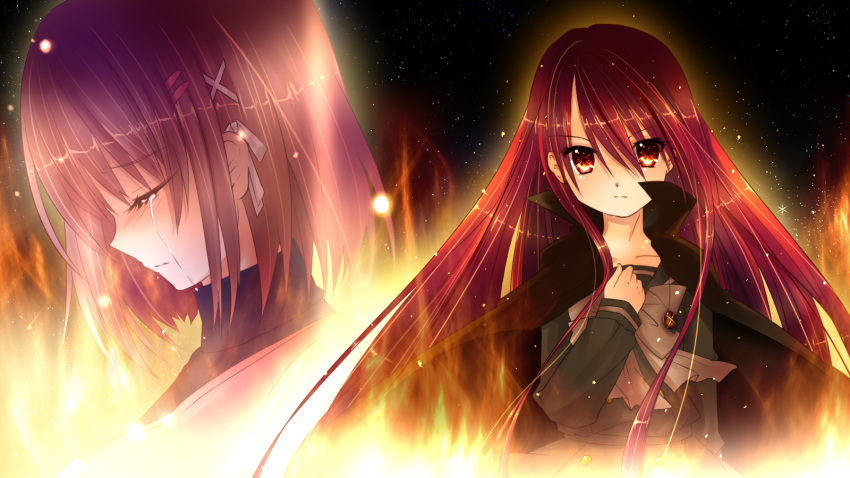 2girls alastor_(shakugan_no_shana) bad_id bad_pixiv_id brown_hair coat commentary_request fire highres jewelry kasumine_ayumu long_hair multiple_girls pendant red_eyes red_hair school_uniform serafuku shakugan_no_shana shana short_hair tears yoshida_kazumi