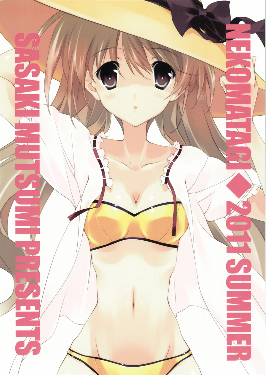 2011 bad_link bikini breasts brown_eyes brown_hair cleavage copyright_request cover cover_page dress_shirt female hat highres sasaki_mutsumi shirt small_breasts solo swimsuit