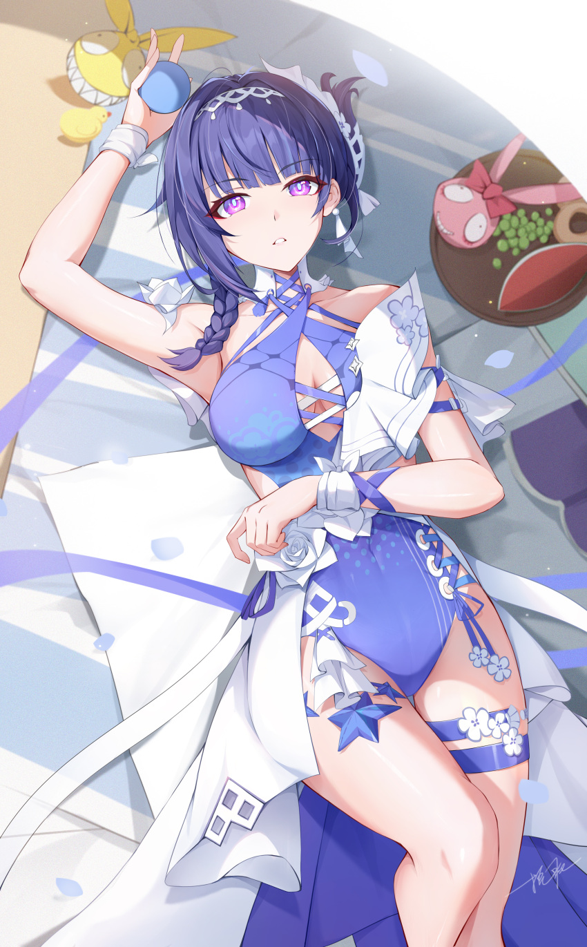 absurdres arm_up ball beach_umbrella black_hair blunt_bangs braid breasts casual_one-piece_swimsuit clothing_cutout female flower gradient_eyes hair_between_eyes headband highres holding holding_ball honkai_(series) honkai_impact_3rd looking_at_viewer lying medium_breasts medium_hair multicolored_eyes on_back one-piece_swimsuit ooo_wange raiden_mei raiden_mei_(herrscher_of_origin) rubber_duck single_braid solo swimsuit thigh_strap thighs umbrella wristband