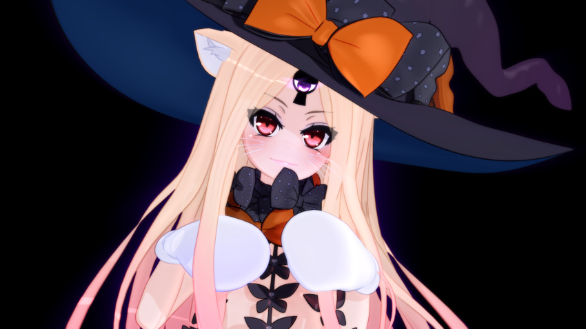 abigail_williams_(fate) animal_ears black_background blonde_hair bow bowtie breasts cat_ears fate/grand_order fate_(series) female gs-mantis hat highres keyhole long_hair looking_at_viewer red_eyes small_breasts solo tsurime underwear whiskers witch_hat