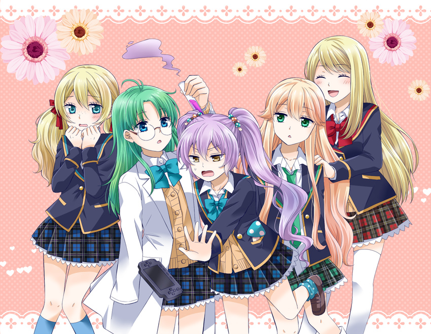 5girls ^_^ ahoge arms_up bad_id bad_pixiv_id blazer blonde_hair blue_bow blue_bowtie blue_socks blush bow bowtie brown_eyes cardigan chloe_lemaire closed_eyes d: floral_background food-themed_hair_ornament freckles girlfriend_(kari) glasses green_bow green_eyes green_hair green_necktie hair_ornament hair_ribbon hand_on_another's_shoulder handheld_game_console himejima_kinoko holding jacket kneehighs lab_coat lace_background loafers long_hair multiple_girls mushroom_hair_ornament necktie open_mouth outstretched_arm pink_background pink_hair plaid plaid_skirt playstation_portable pleated_skirt polka_dot polka_dot_background polka_dot_legwear purple_hair red_bow red_bowtie ribbon round_eyewear school_uniform shiratori_shiori shoes skirt smoke socks sweatdrop test_tube thighhighs triangle_mouth twintails unmoving_pattern usako_(meco) v-shaped_eyebrows wavy_hair white_legwear yukawa_kise yumesaki_haruko zettai_ryouiki