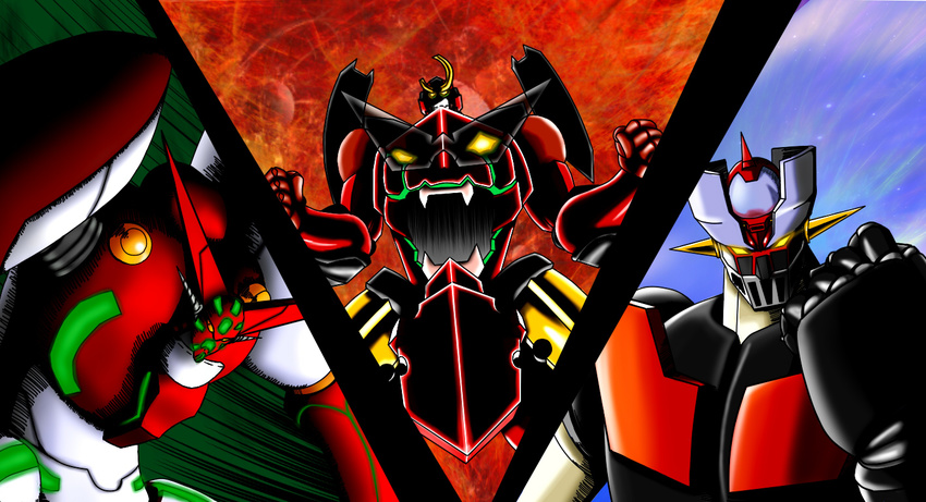 abushyobe angry commentary_request getter_robo glowing glowing_eyes gurren-lagann mazinger_(series) mazinger_z_(mecha) mecha no_humans robot shin_getter-1 shin_getter_robo shin_mazinger_shougeki!_z-hen sunglasses super_robot super_robot_wars super_robot_wars_z super_robot_wars_z2 tengen_toppa_gurren_lagann