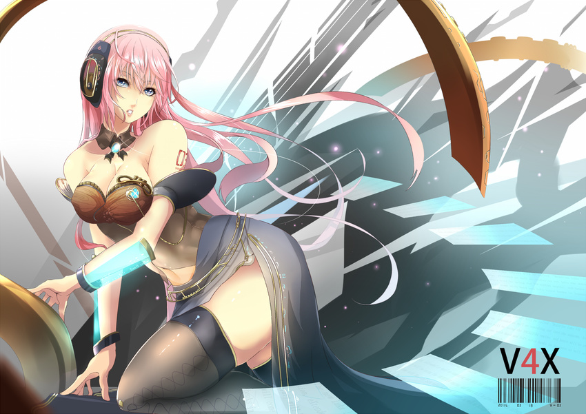 breasts cleavage endouvocalotyu headphones long_hair megurine_luka pink_hair vocaloid