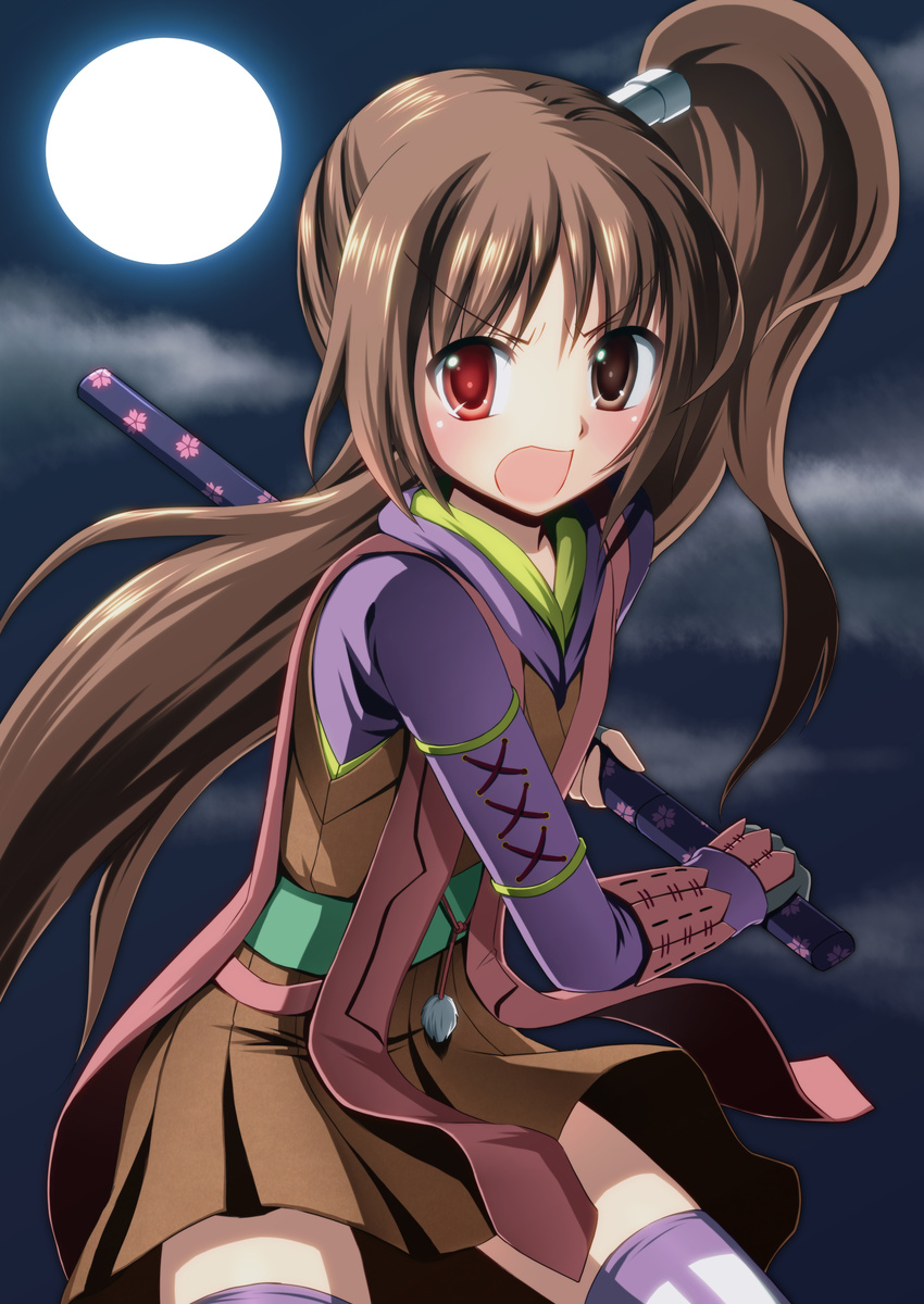 :o absurdres blush brown_eyes brown_hair bucchake_(asami) commentary_request female fighting_stance full_moon heterochromia highres japanese_clothes long_hair moon night onimusha onimusha:_dawn_of_dreams ready_to_draw red_eyes scabbard sheath side_ponytail skirt solo thighhighs yagyuu_juubei_(dawn_of_dreams)