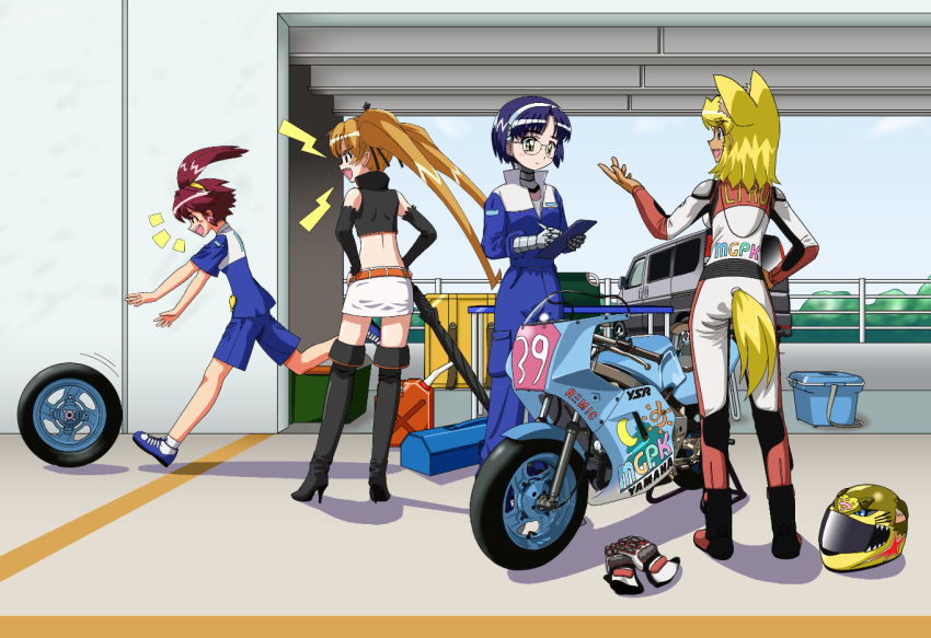 4girls aiko_(renkin_san-kyuu_magical_pokaan) android animal_ears bad_id bad_pixiv_id biker_clothes bikesuit blonde_hair blue_hair bodysuit clipboard detached_sleeves everyone extra_ears glasses gloves hairband helmet liru long_hair midriff miniskirt motor_vehicle motorcycle multiple_girls pachira race_queen red_hair renkin_san-kyuu_magical_pokaan short_hair skirt tail thighhighs tokka twintails van wheel wolf_ears wolf_girl yellow_eyes yellow_tail yuuma_(renkin_san-kyuu_magical_pokaan)