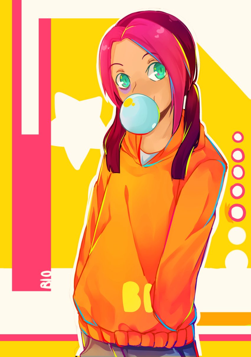 1boy absurdres aqua_eyes artist_name bio_(bioshitto) blowing_bubbles chewing_gum commentary green_eyes hands_in_pockets highres hood hoodie long_hair looking_at_viewer male_focus multicolored_hair noguchi_souta orange_hoodie pink_hair simple_background solo standing streaked_hair tribe_cool_crew