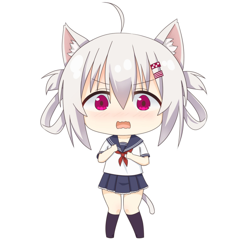 ahoge animal_ear_fluff animal_ears bad_id bad_twitter_id black_socks blue_sailor_collar blue_skirt blush cat_ears cat_girl cat_tail chibi collarbone commentary_request female full_body hair_between_eyes hair_ornament hair_rings hairclip highres inactive_account kneehighs long_hair looking_at_viewer neckerchief no_shoes nose_blush open_mouth original pleated_skirt purple_eyes red_neckerchief sailor_collar sakuraba_hikaru_(loveindog) school_uniform serafuku shirt short_sleeves sidelocks simple_background skirt socks solo standing sugimura_runa tail wavy_mouth white_background white_shirt