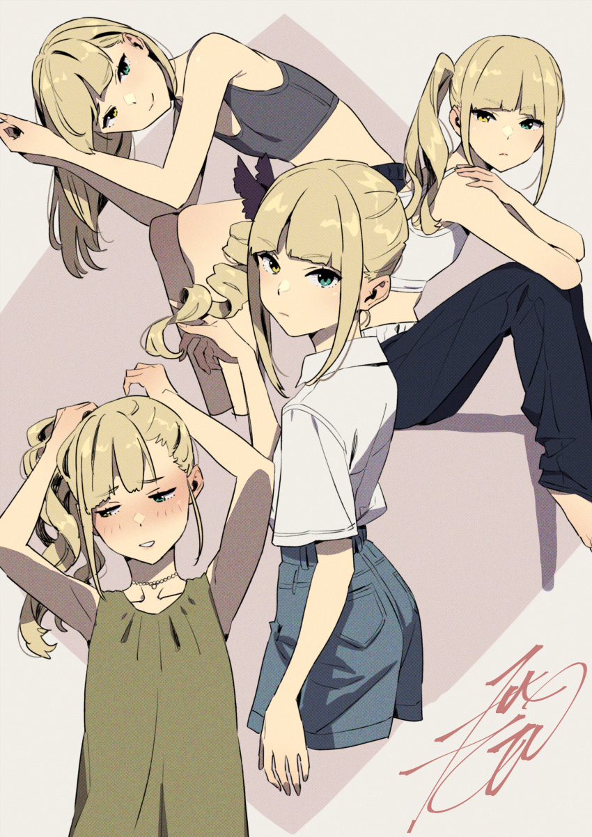 adjusting_hair arched_back asymmetrical_hair barefoot black_pants black_shorts blonde_hair blue_shorts blunt_bangs blush collage cropped_legs curly_hair dress elbow_on_knee female flat_chest green_dress green_eyes grey_sports_bra haishima_isari hand_on_own_shoulder heterochromia highres jewelry knees_up kobayashi_gen light_smile looking_at_viewer looking_back midriff necklace pants school_girl_strikers shirt shorts side_ponytail sidelocks signature simple_background sitting sports_bra tank_top twirling_hair wavy_hair white_shirt white_tank_top yellow_eyes