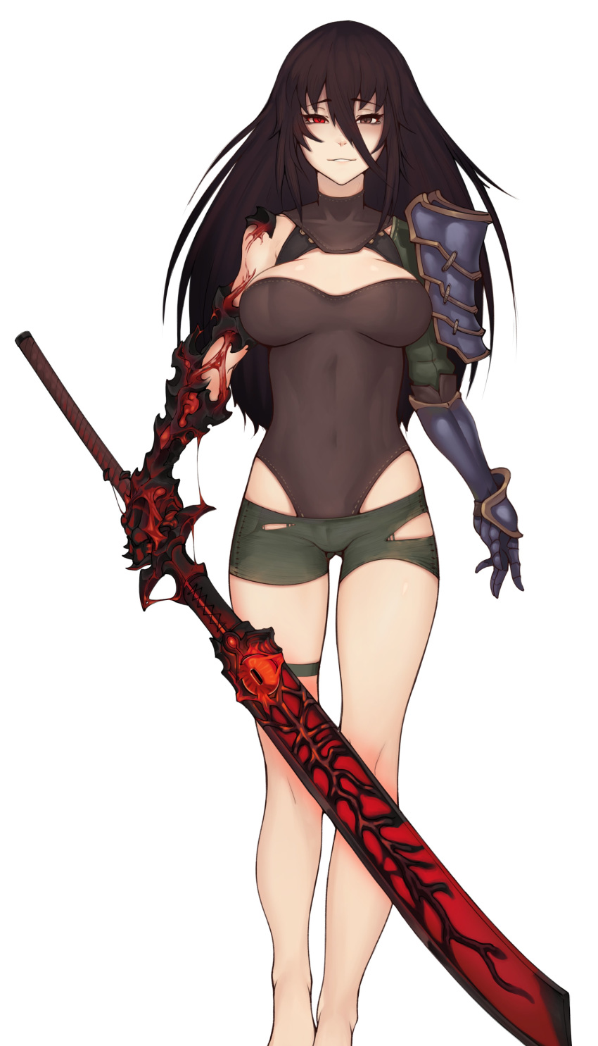 absurdres armor ass_visible_through_thighs breasts brown_eyes brown_hair commentary commission cursed_sword_(monster_girl_encyclopedia) english_commentary female full_body gauntlets greatsword hair_between_eyes heterochromia highleg highleg_leotard highres holding holding_sword holding_weapon large_breasts leotard long_hair looking_at_viewer meolucky147 monster_girl_encyclopedia parted_lips pauldrons red_eyes short_shorts shorts shoulder_armor simple_background single_pauldron smile solo sword turtleneck vambraces weapon white_background