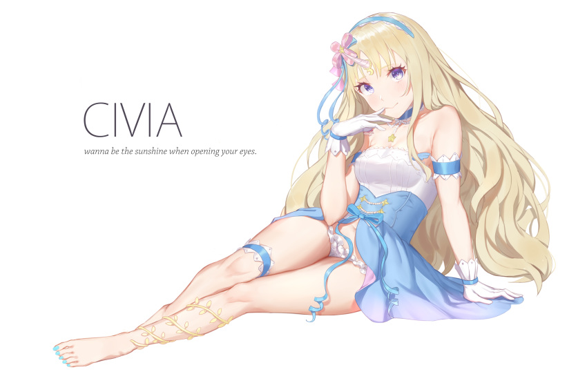 arm_support armband bare_shoulders blonde_hair blue_choker blue_dress blue_hairband blue_nails blue_ribbon blush breasts character_name choker civia dress female finger_to_mouth frilled_panties frills full_body gloves hair_ribbon hairband highres hololive hololive_china horn_ornament horns jewelry legs long_hair looking_at_viewer medium_breasts nail_polish navel necklace open_clothes open_dress panties purple_eyes ribbon senba_(592683801) simple_background single_horn smile solo star_(symbol) star_necklace strapless strapless_dress thigh_strap thighs toenail_polish toenails two-tone_dress underwear very_long_hair virtual_youtuber white_background white_dress white_gloves white_panties