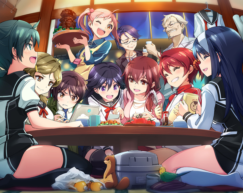 1boy 6+girls :d ;d ^_^ ahoge amagi_mizuha bird black_hair black_legwear blue_hair blush bottle bowl brown_eyes brown_hair closed_eyes commentary_request computer cup everyone food fork futaba_aoi_(vividred_operation) glasses green_eyes green_hair grin hair_bobbles hair_ornament hairband isshiki_akane isshiki_kenjirou isshiki_mashiro isshiki_momo jacket jewelry kneehighs knife kuroki_rei laptop long_hair md5_mismatch michairu mug multiple_girls national_shin_ooshima_school_uniform necklace necktie one_eye_closed open_mouth photo_(object) photoshop_(medium) pink_eyes pink_hair purple_eyes red_eyes red_hair rice saegusa_wakaba school_uniform scrunchie shijou_yuuri shinomiya_himawari short_hair short_shorts short_twintails shorts sleeves_rolled_up smile socks soy_sauce soy_sauce_bottle stuffed_animal stuffed_toy table thighhighs tomato track_jacket tray twintails uso-kun vividred_operation white_legwear yellow_eyes