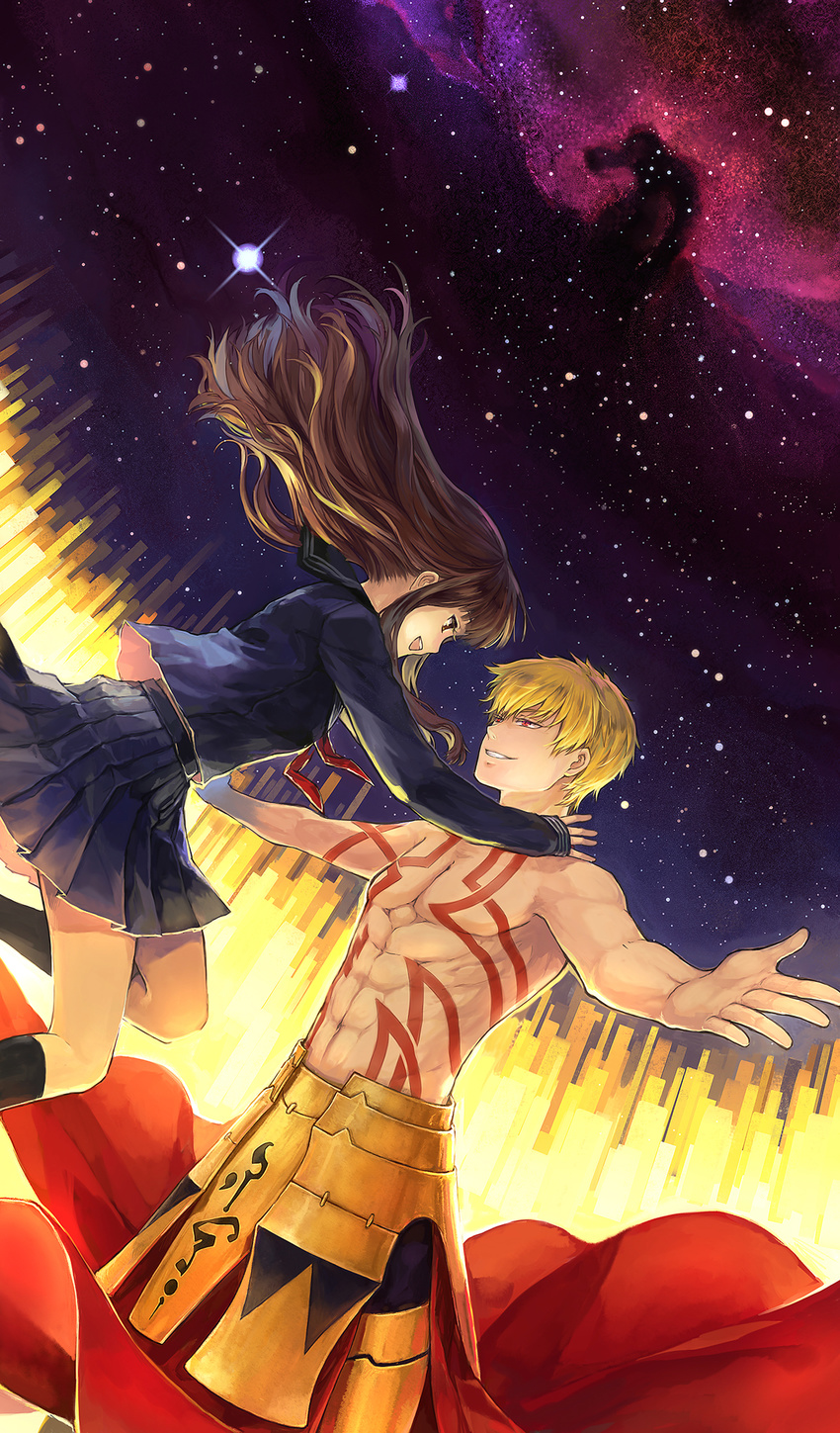 1boy armor blonde_hair brown_eyes brown_hair commentary_request fate/extra fate/extra_ccc fate_(series) female gilgamesh_(fate) highres kishinami_hakuno_(female) long_hair mamusya night night_sky outstretched_arms photoshop_(medium) red_eyes school_uniform serafuku sky star_(sky) starry_sky tattoo topless_male tsukumihara_academy_uniform_(fate/extra_ccc)