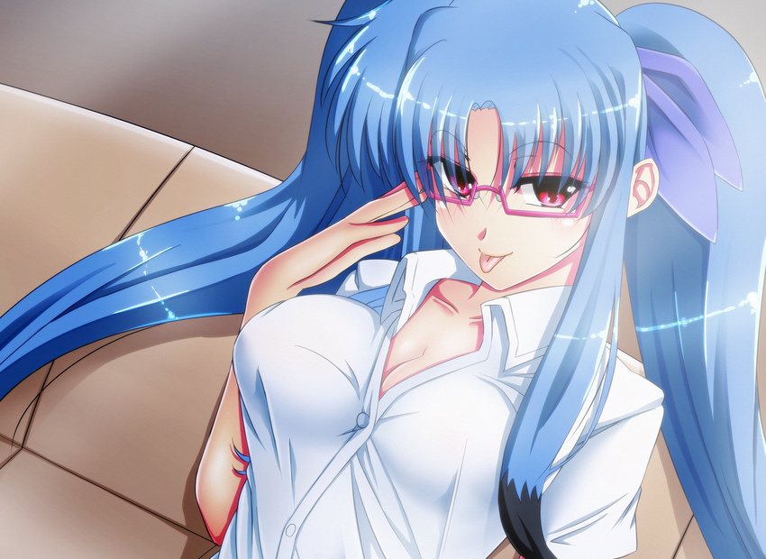 blue_hair breasts cleavage esperanza_(wp) glasses levi_russell mahou_shoujo_lyrical_nanoha red_eyes twintails