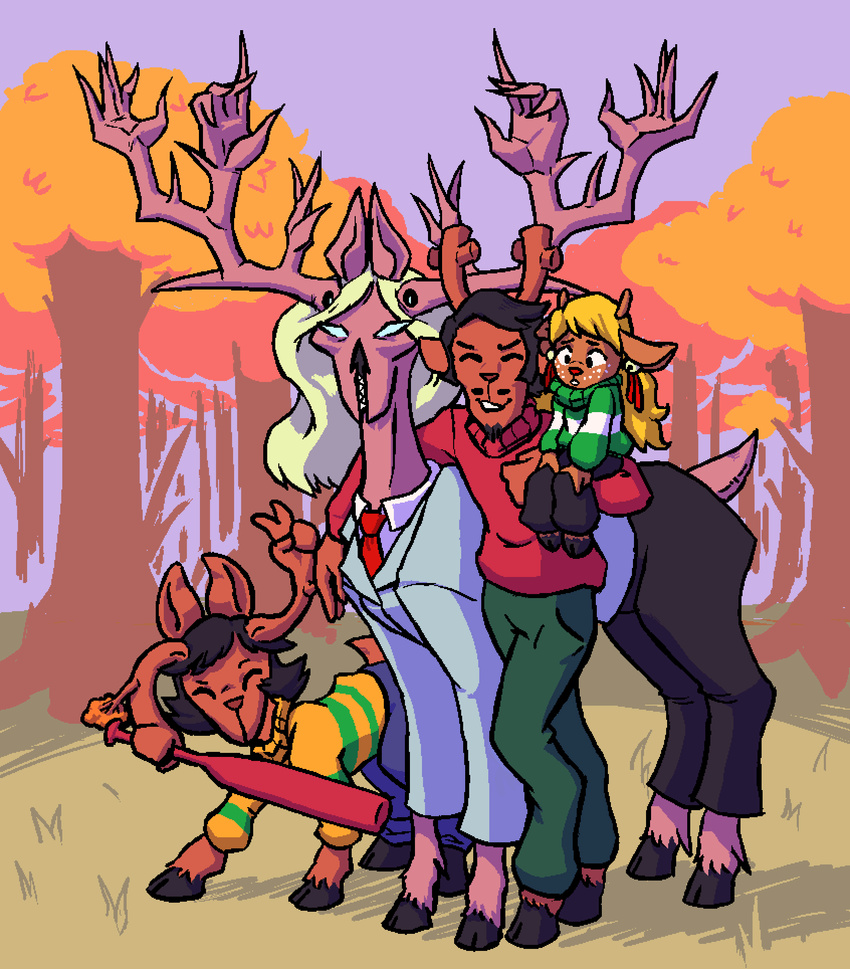 2_toes 4_legs anthro antler_grab antlers arm_around_partner autumn barefoot baseball_bat bat_(object) bell black_hair blonde_hair buckteeth business_suit carol_holiday carrying_another chacochilla closed_eyes clothed clothed_feral clothing cloven_hooves day deer deltarune dess_holiday detailed_background digital_media_(artwork) doe_with_antlers family feet female feral forest freckles gesture grass group gyftrot hair hand_gesture hi_res hooves horn long_hair male mammal married_couple multi_eye multiple_hands necktie new_world_deer noelle_holiday outside parent_(lore) parent_and_child_(lore) pattern_clothing pattern_shirt pattern_topwear plant platinum_blonde reindeer ribbons rudolph_holiday shadow sharp_teeth shirt short_hair size_difference smile standing striped_clothing striped_shirt striped_topwear stripes suit sweater teeth toes topwear tree turtleneck undertale undertale_(series) unguligrade unusual_eyes v_sign vertical_mouth what young