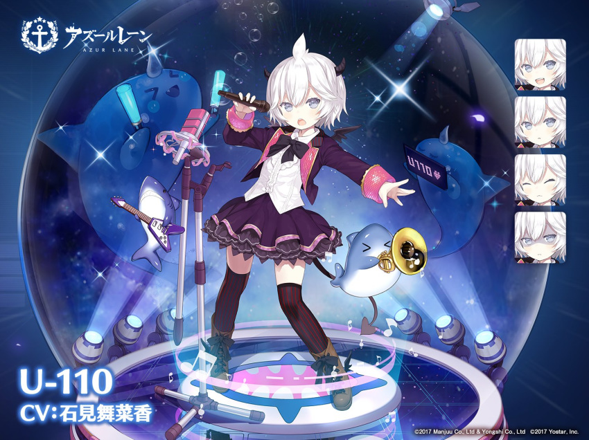 >_< :d anchor_symbol animal azur_lane black_bow black_wings blush boots bow brown_footwear capriccio character_name closed_eyes closed_mouth collared_shirt commentary_request copyright_name copyright_notice cross-laced_footwear demon_girl demon_horns demon_wings electric_guitar expressions female glowstick grey_eyes guitar hair_between_eyes heart holding holding_microphone horns instrument jacket lace-up_boots looking_at_viewer microphone microphone_stand mini_wings oerba_yun_fang official_alternate_costume official_art open_clothes open_jacket open_mouth outstretched_arm pleated_skirt purple_jacket purple_skirt second-party_source shaded_face shark shirt skirt smile standing star_(symbol) striped_clothes striped_thighhighs teeth thighhighs translated trumpet u-110_(azur_lane) u-110_(garnished_supershark)_(azur_lane) upper_teeth_only vertical-striped_clothes vertical-striped_thighhighs watermark white_hair white_shirt wings xd